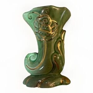Vintage Apco American Bisque Green And 22 Kt‎ Gold Cornucopia Vase 5"